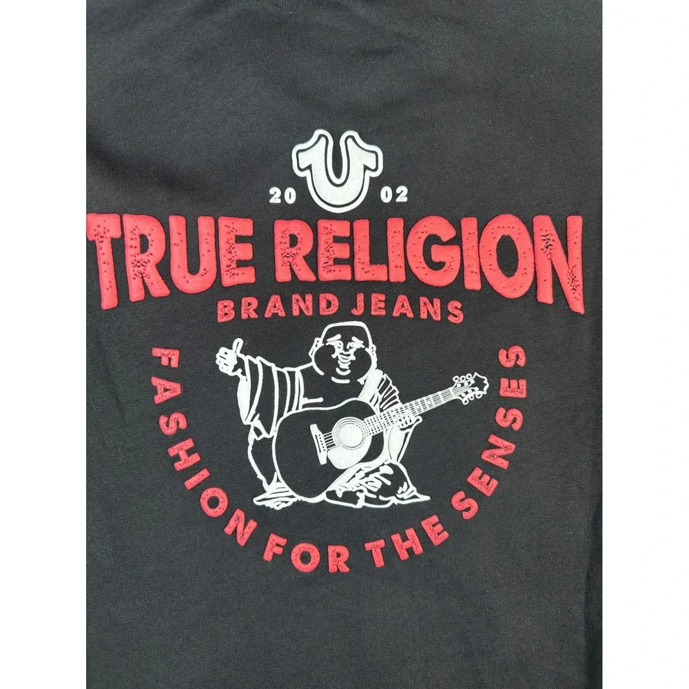 True Religion Mens TNL Puff Buddha Zip Hoodie Jet Black Red Stitch 701039 S